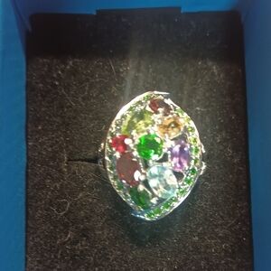 Elegant Multicolor Gemstone Ring In Sterling Silver Size 7